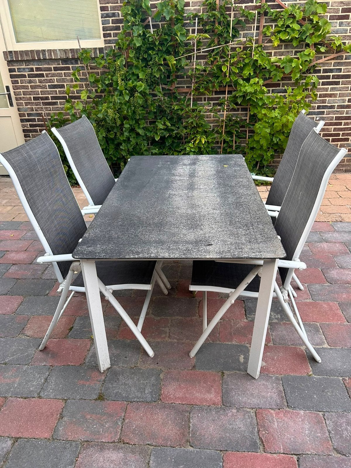 Betreft alleen glazen tuintafel zonder 4 verstelbare stoelen, Ophalen, 4 zitplaatsen, Gebruikt, Eettafel