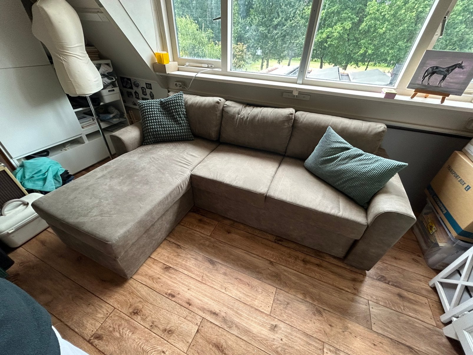 Bank/slaapbank met chaises longues, Ophalen, Driepersoons, 75 tot 100 cm, Zo goed als nieuw