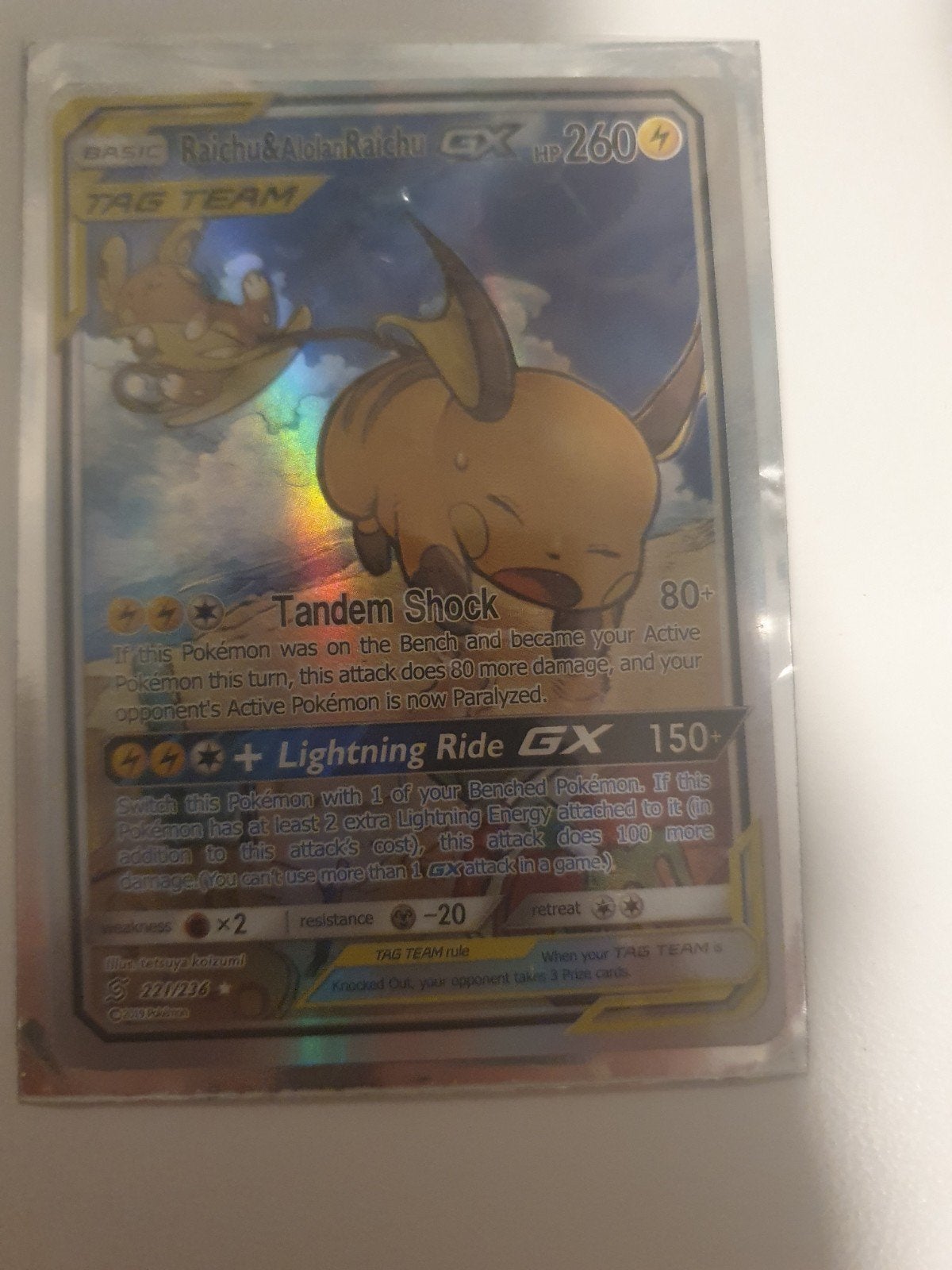 Raichu & Alolan Raichu GX TAG TEAM Pokémon Kaart, Ophalen of Verzenden, Zo goed als nieuw, Losse kaart