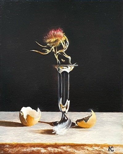 Kunsthandel Gennep - "Zilveren Vaasje Met Distel", Ophalen of Verzenden, Hout, Gesigneerd, Olieverf