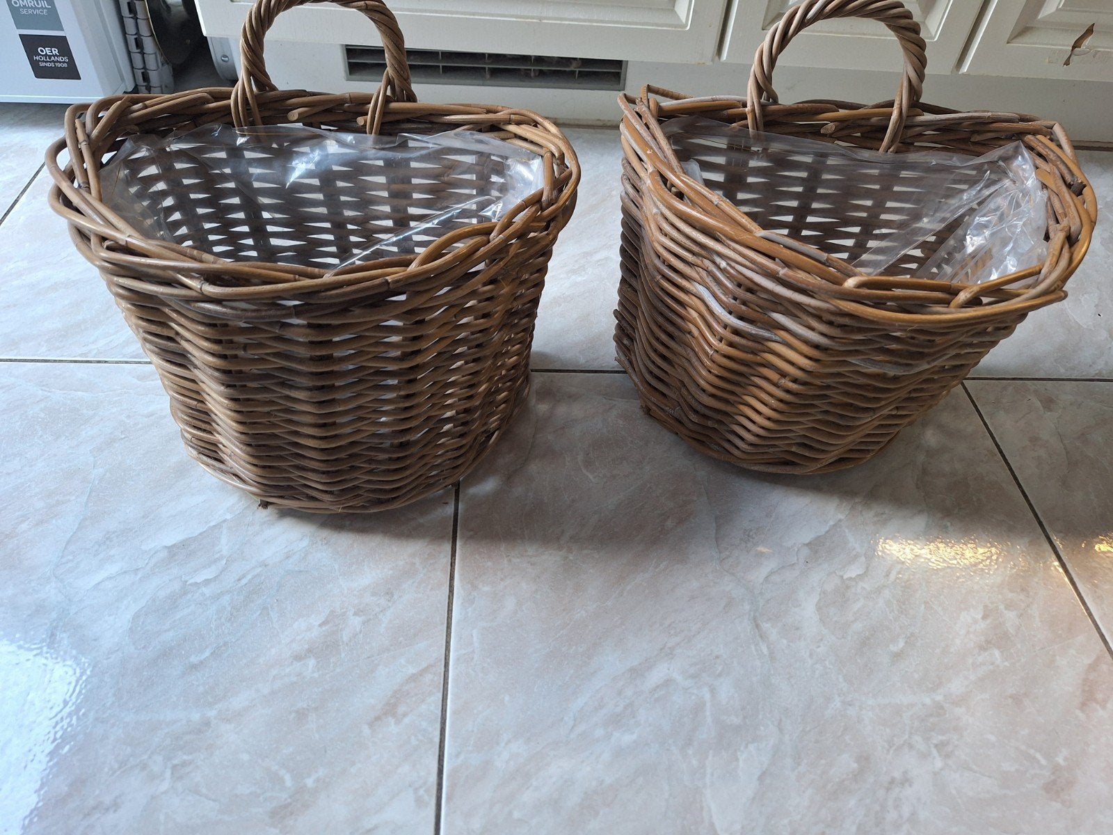 Set van 2 rieten plantenpotten/manden met handvatten, Met handvatten, Nieuw, Ophalen of Verzenden, Plantenpot of Plantenbak