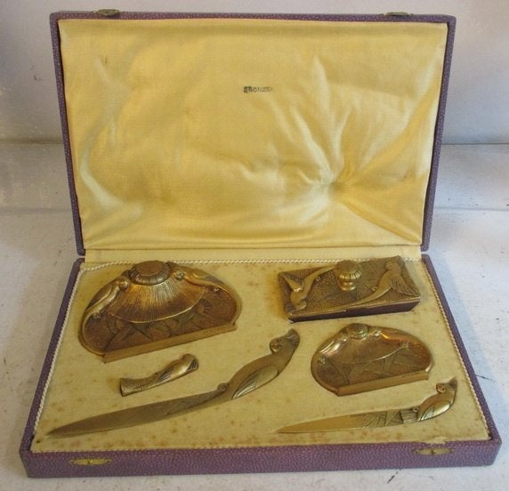 art deco bronzen bureauset 6 stuks met papegaaien Perrin, Ophalen of Verzenden