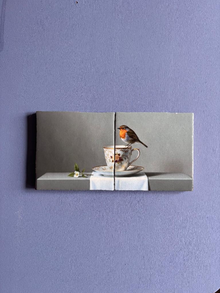 Tegel Tweeluik Roodborstje op Kopje, Eigen ontwerp, Verzenden, Steen/keramiek, Minikunstbieb@gmail.com