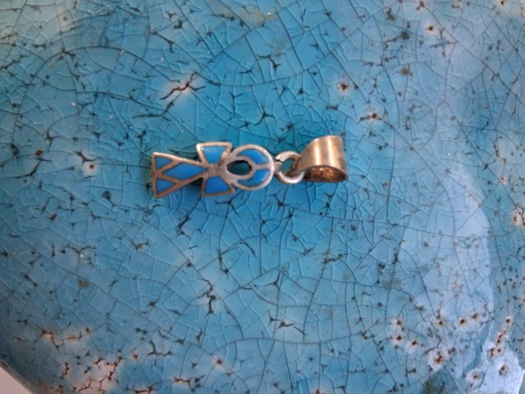 Zilveren Egyptische Ankh Hanger met Turkooise Steen, Gebruikt, Ophalen of Verzenden, Zilver, Zilver