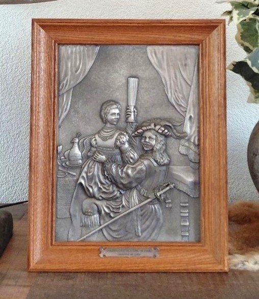 Vintage tinnen schilderij ,Rembrandt. met Saskia., Ophalen of Verzenden