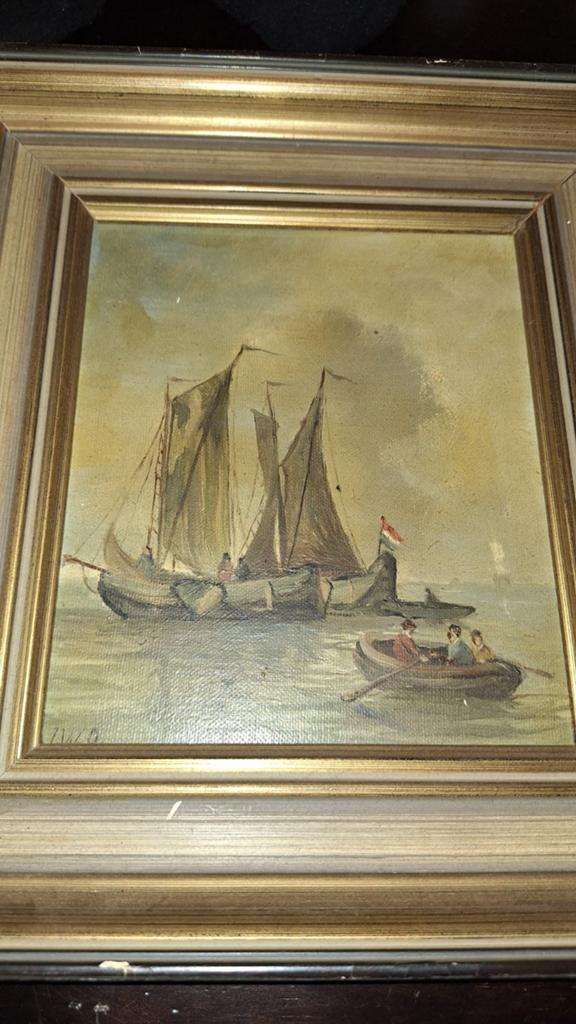Schilderij met vissers boten kotters op paneel geschilderd, Ophalen