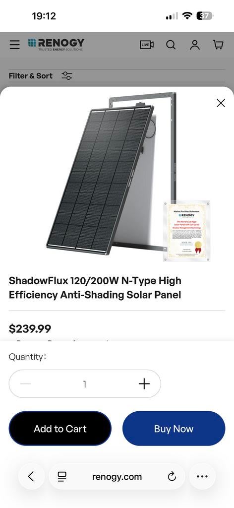 2X NIEUW Renogy ShadowFlux 200W N-Type Zonnepaneel, Ophalen of Verzenden, Nieuw