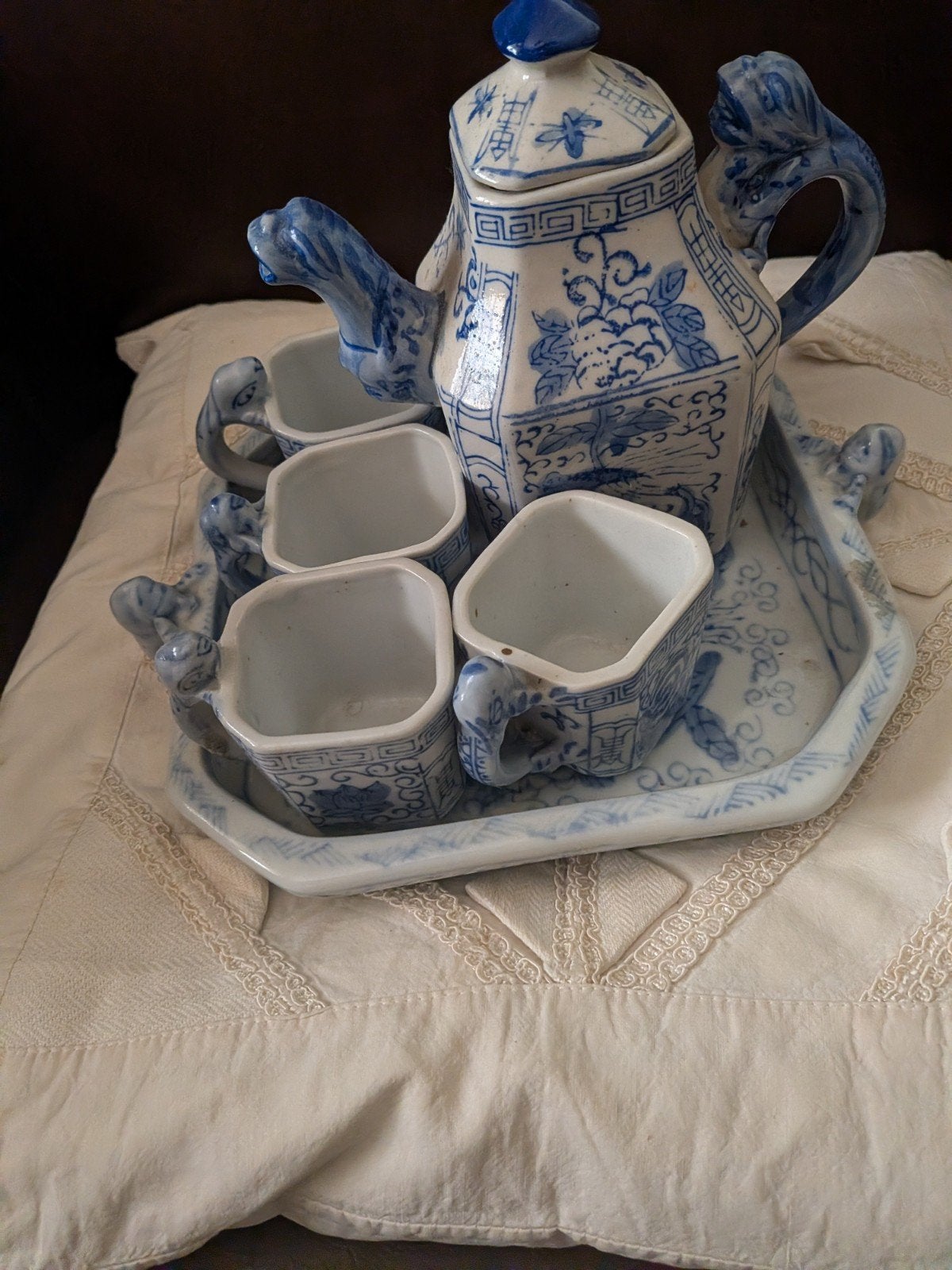 Antiek Chinees Porseleinen Theeservies - Blauw/Wit, Antiek en Kunst, Verzenden