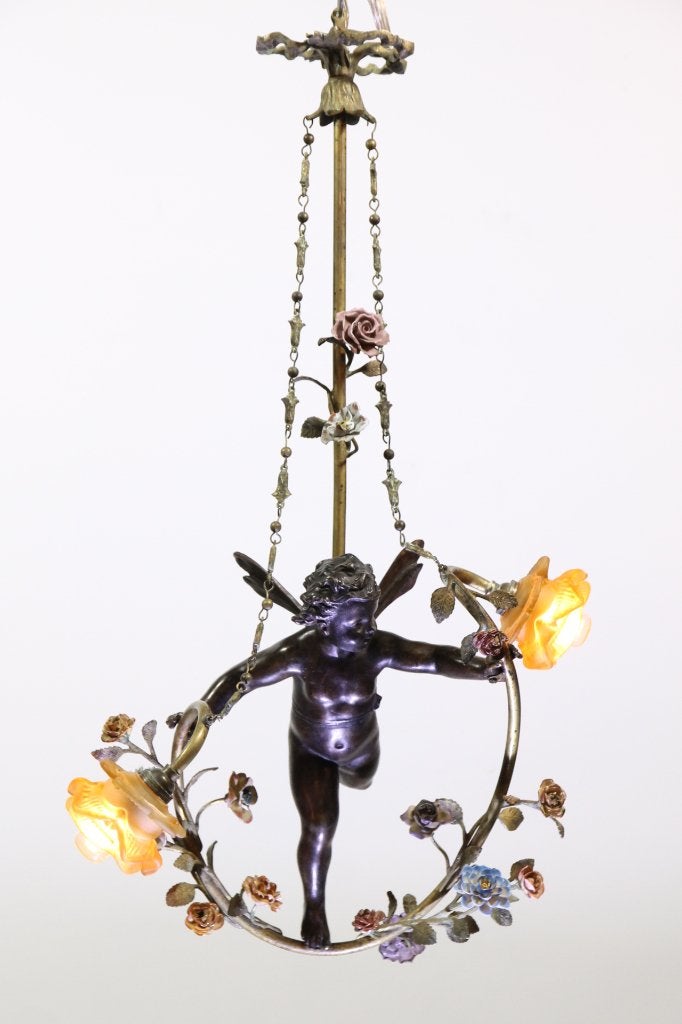 Antiek bronzen engeltjes hanglamp, Ophalen of Verzenden