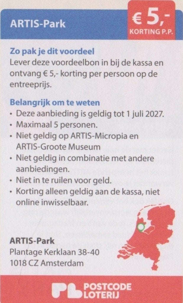 ARTIS-Park Amsterdam € 5,- korting. Postcodeloterij bon., Drie personen of meer, Kortingskaart
