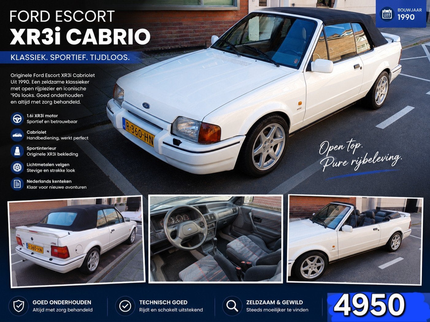 Ford escort cabriolet xr3i of FORD FAIRMONT NIEUWE apk kan o, Auto's, 15 km/l, Cabriolet, Wit, 1010 kg