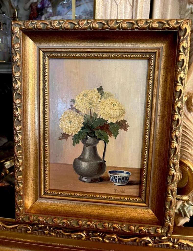 Prachtige antiek olieverf bloemen schilderij, Ophalen of Verzenden