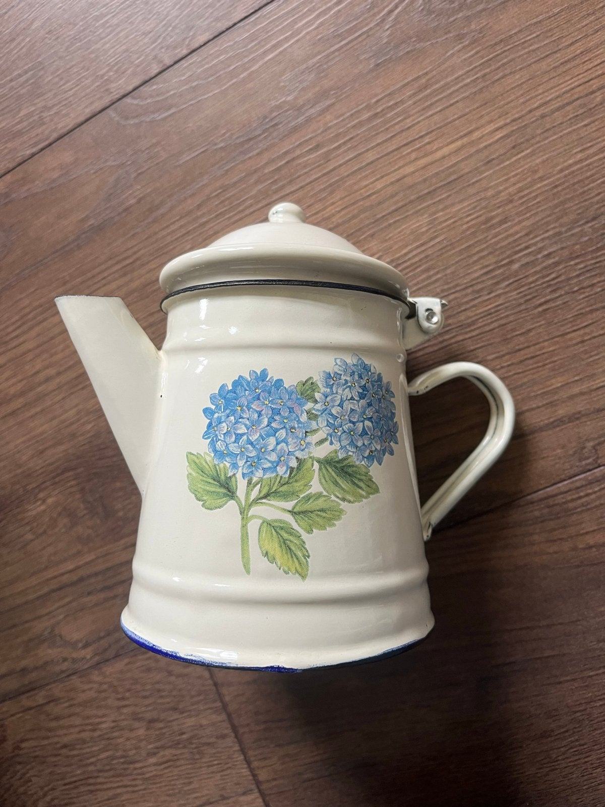 Vintage emaille koffiekan / theekan met hortensia decoratie, Ophalen of Verzenden