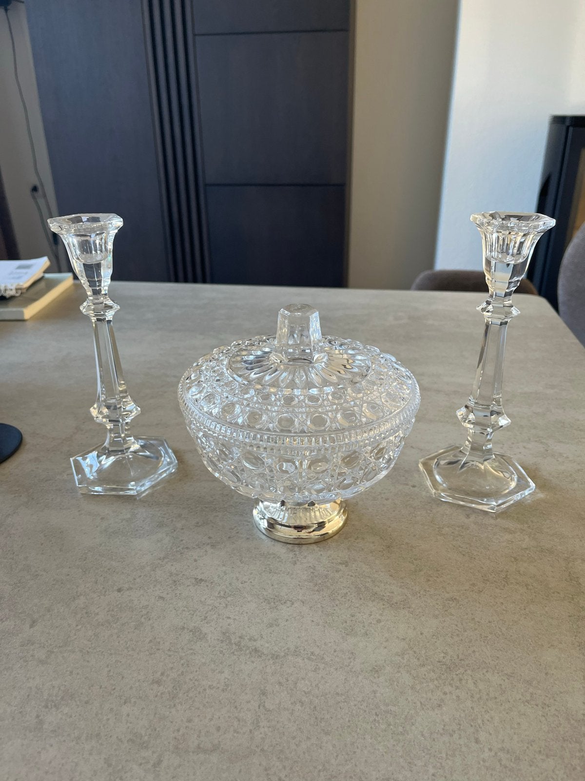 Kristallen Kandelaars en Bonbonnière Set, Ophalen of Verzenden