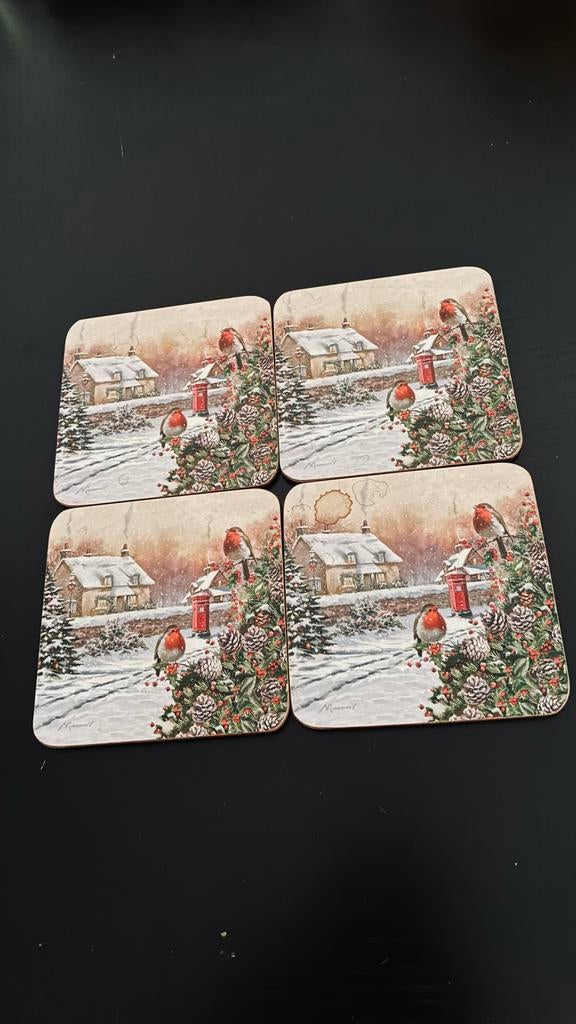 Set van 4 Kerst Onderzetters met Wintertafereel, Hout, Gebruikt, Meerkleurig, Ophalen of Verzenden