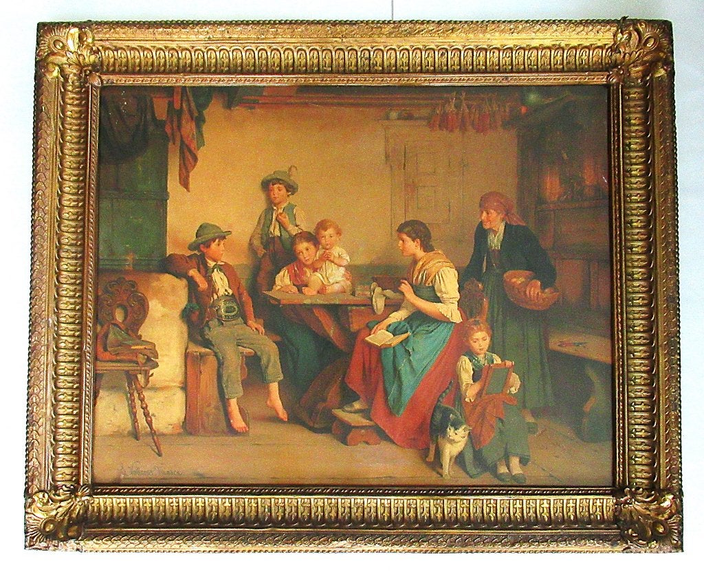 Schilderij The Reading Lesson, olie op canvas naar L Vollmar, Antiek en Kunst, Ophalen