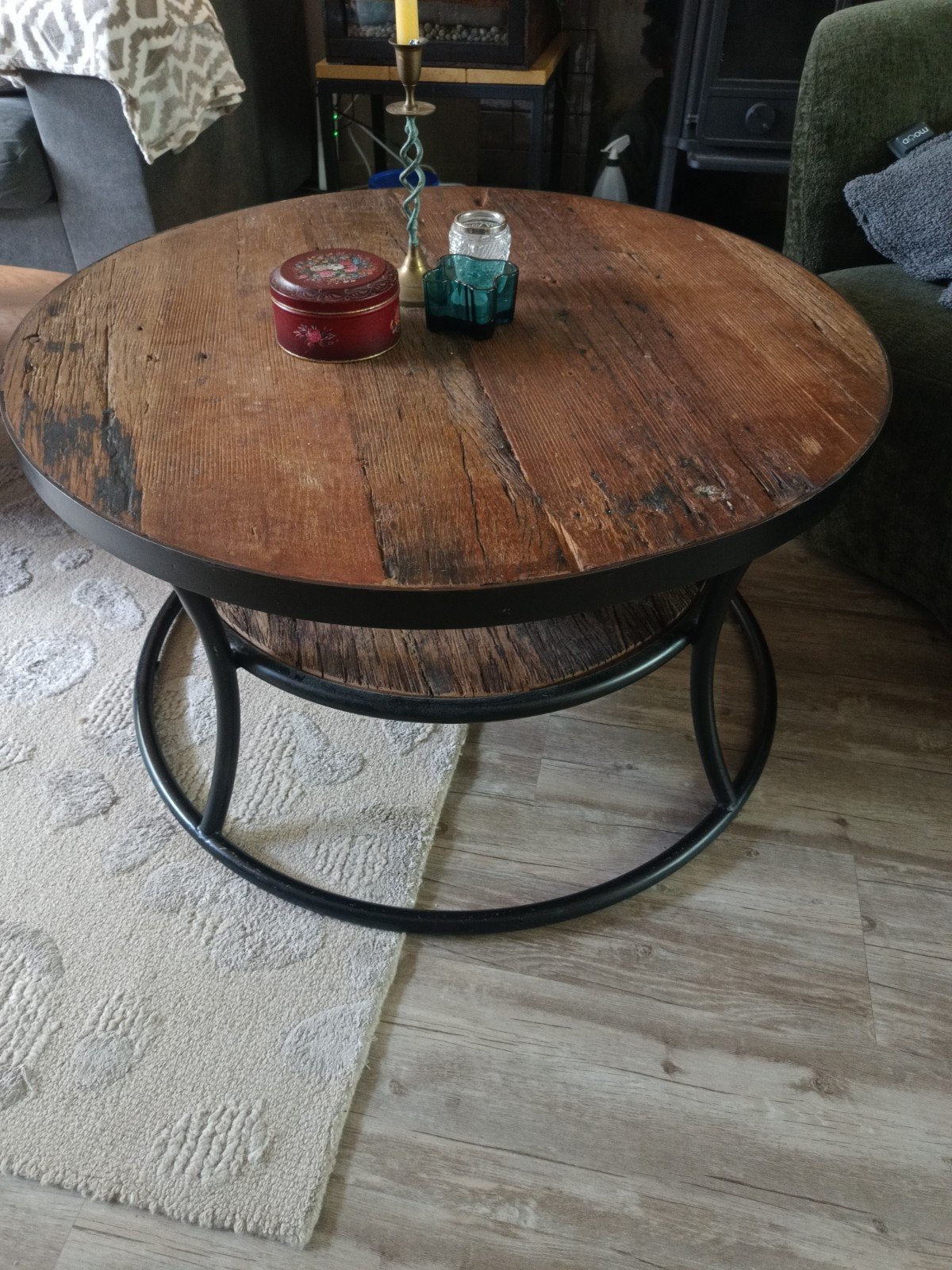 Ronde salontafel van houten wagondelen - 90 cm, Ophalen, Gebruikt, Rond, 50 tot 100 cm