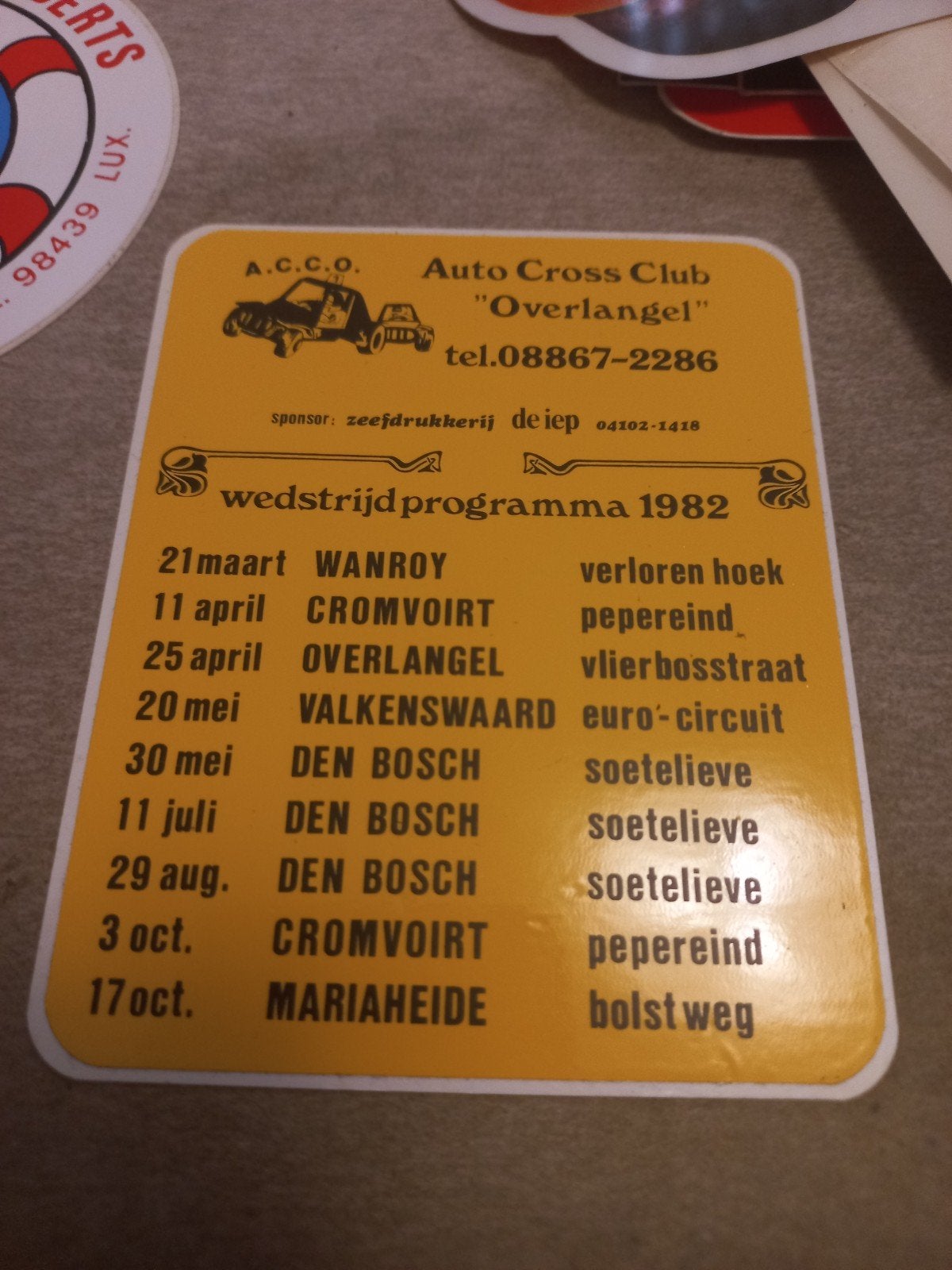 Auto Cross Club Overlangel Wedstrijdprogramma 1982, Ophalen of Verzenden, Gebruikt
