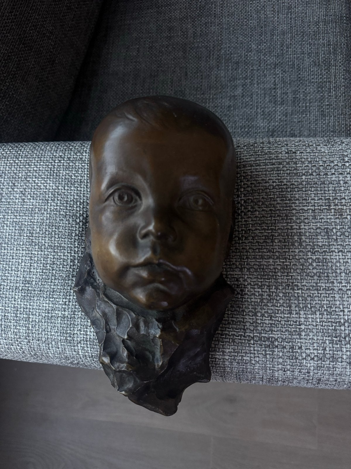 Antieke bronzen babyportretkop + originele documenten (1923), Antiek en Kunst, Overige onderwerpen, Minder dan 20 cm, Buste, Ophalen of Verzenden