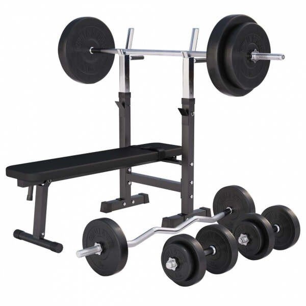 Fitnessbank met halterset en gewichten, Ophalen, Gebruikt, Rug, Fitnessbank