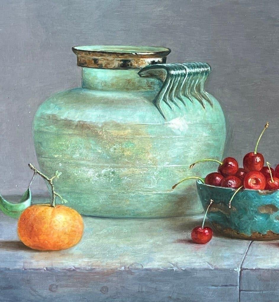 Stilleven Glas manderijnen, kersen. Hans Habraken., Antiek en Kunst, Kunst | Schilderijen | Klassiek, Paneel, Stilleven, Olieverf