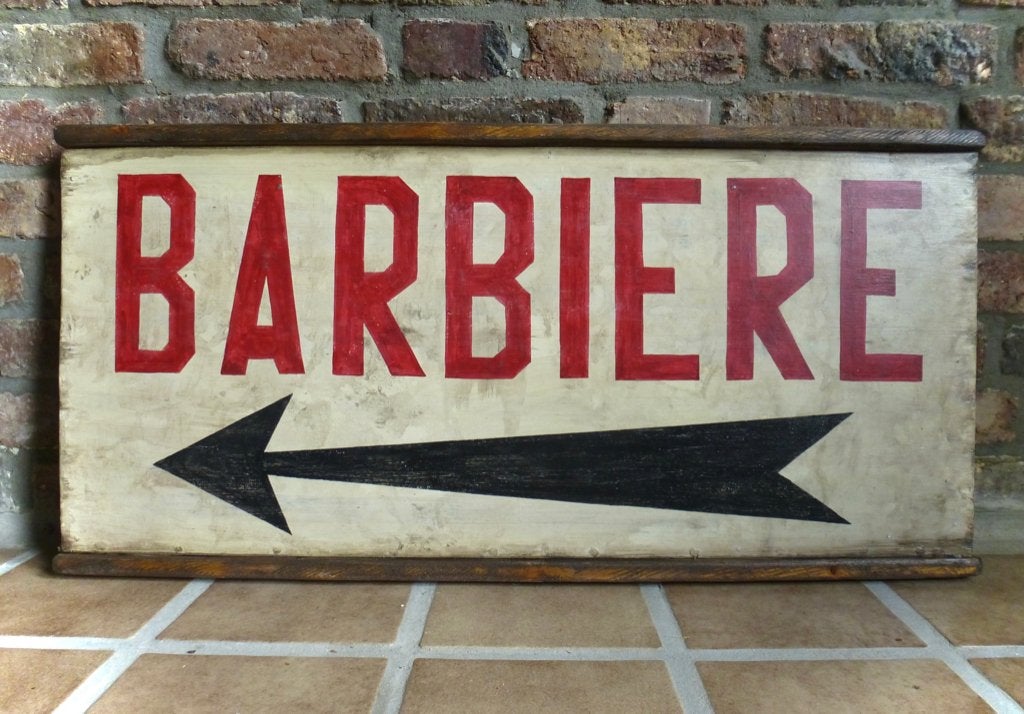 Groot handgeschilderd houten bord / vintage / Barbiere, Reclamebord, Ophalen of Verzenden, Zo goed als nieuw, B6