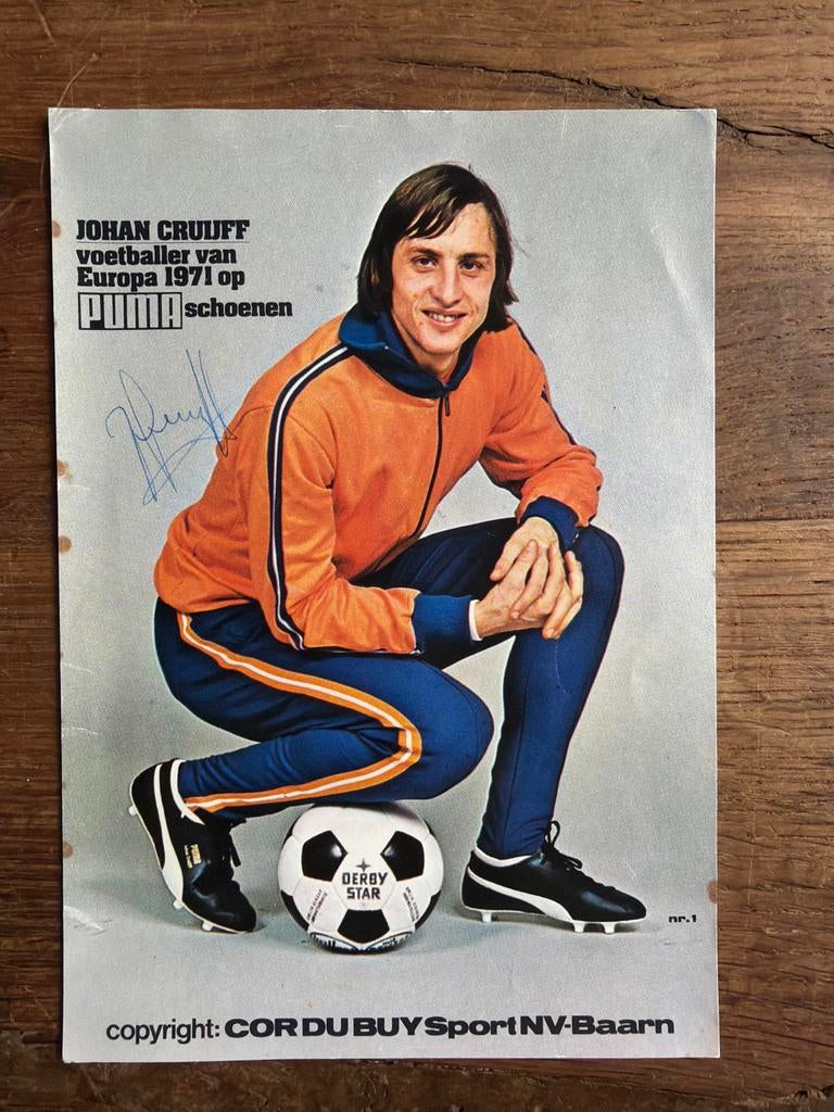 Johan Cruijff Puma schoenen kaart 1971 - gesigneerd, Ophalen of Verzenden, Gebruikt, Ajax, Poster, Plaatje of Sticker