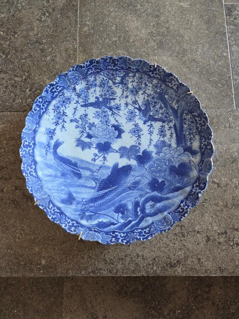 Blauw-wit sierbord met vogels en vissen, Antiek en Kunst, Antiek | Wandborden en Tegels, Ophalen