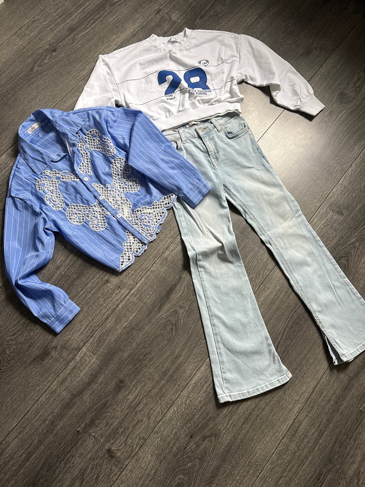 Stoere set maat 140: LTB jeans, sweater & gestreepte blouse, Ophalen of Verzenden, Zo goed als nieuw, Meisje, Setje