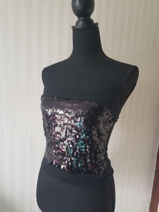 Sexy bandeau strapless pailletten top 34 36 xs, blikvanger!, Verzenden, Zwart, Zo goed als nieuw, Zonder mouw