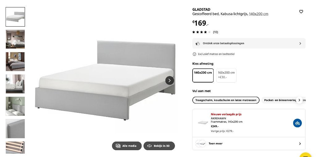 Bed Gladstad Ikea Grijs incl matras, Ophalen, 140 cm, Zo goed als nieuw, Twijfelaar