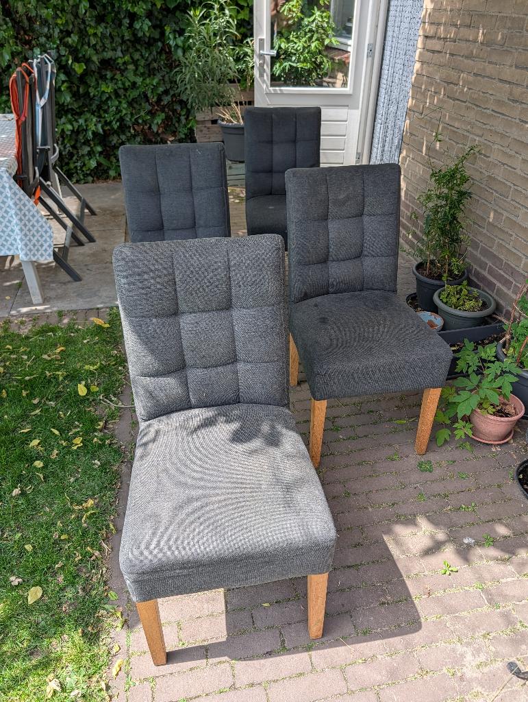 set van 4: WOOOD eetkamerstoel Tijmen, Huis en Inrichting, Ophalen, Gebruikt, Vier, Stof