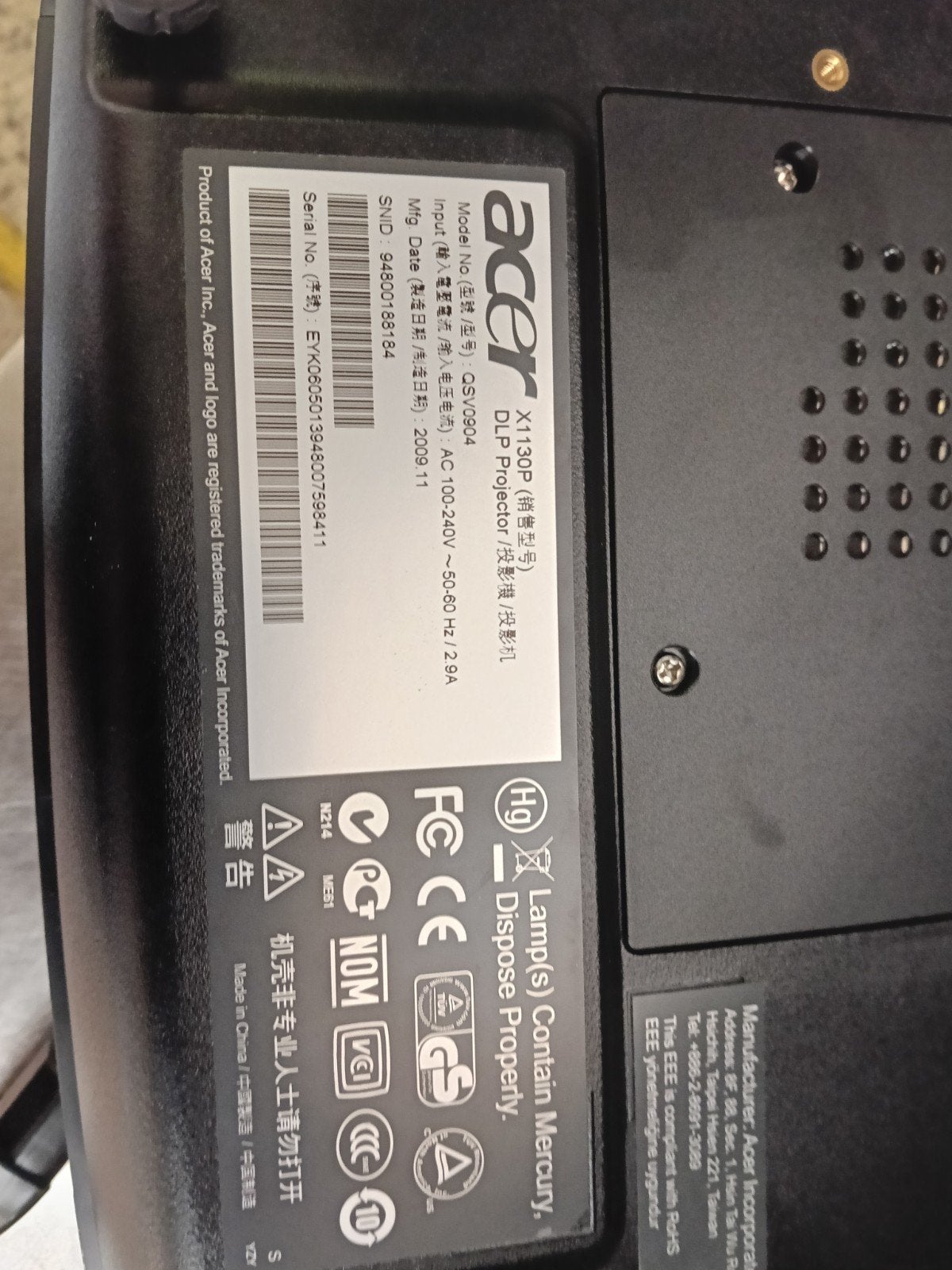 Acer X1130P DLP Projector - Goede staat, Gebruikt, Ophalen of Verzenden, DLP, Overige resoluties