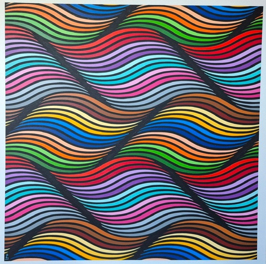 Schilderij Franklin van Dam - Geometrische Golven / Op-Art, Abstract, Acrylverf, Hout, Handgeschilderd