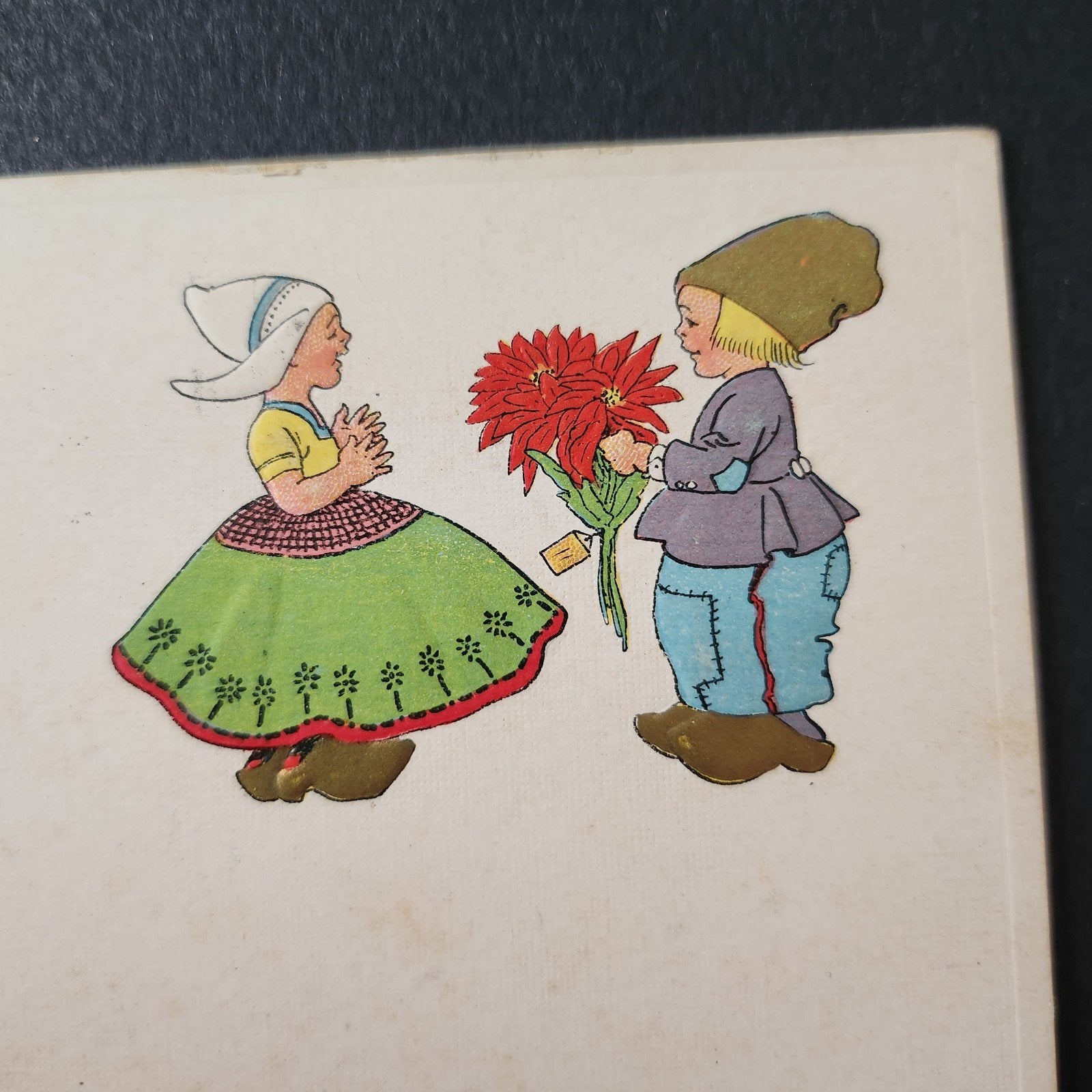 Antieke USA Kerstkaart 1914 Hollandse Kinderen met Klompen, Verzenden, Voor 1920, Gelopen, Feest(dag)