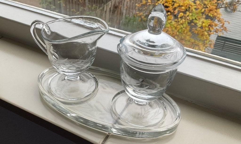 koffie melk suiker set oud glas gegrafeerd met takken, Antiek en Kunst, Ophalen of Verzenden