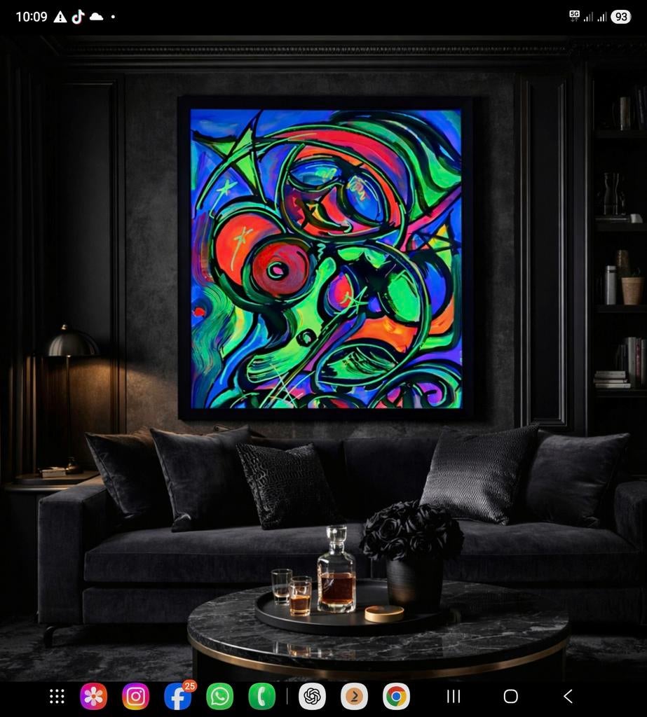50  70 cm – €290
Krachtig handgeschilderd neon abstract sch, Ophalen of Verzenden