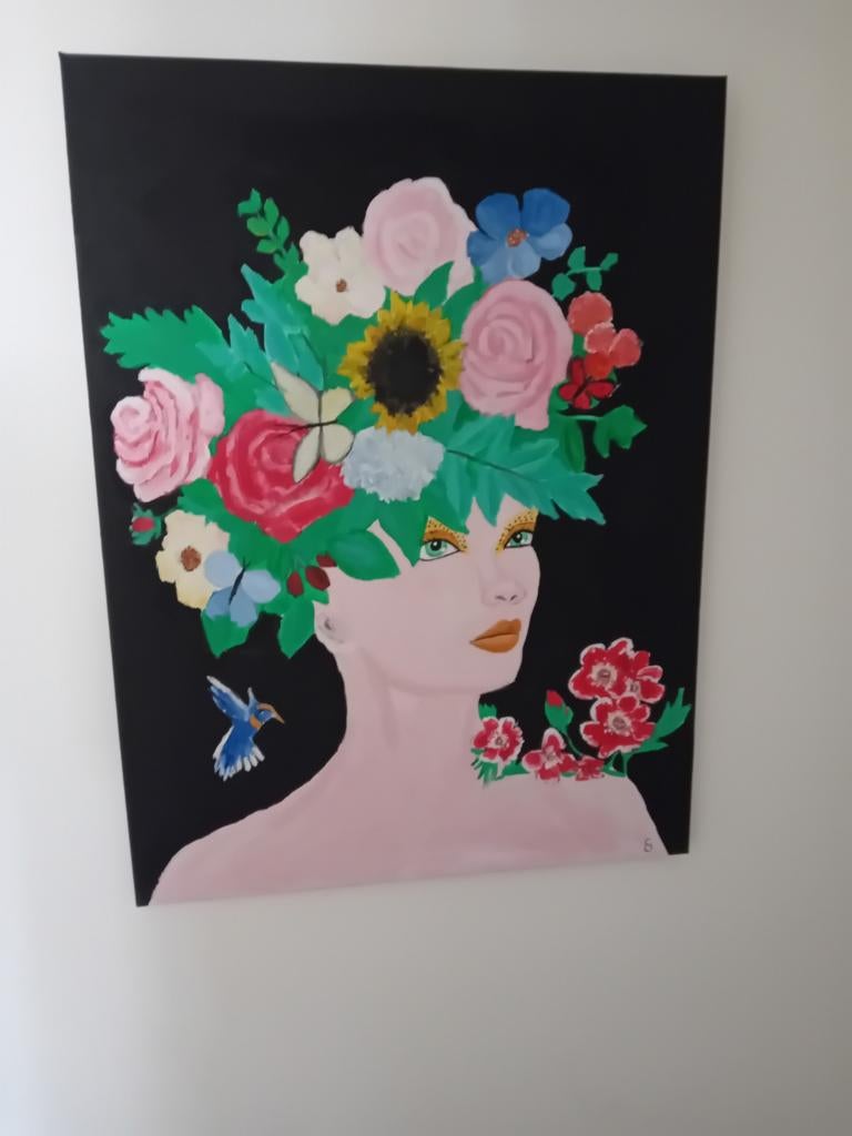 Schilderij 'Bloemenpracht' - Vrouw met bloemenhoofdtooi, Ophalen