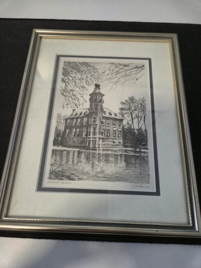 Ingelijst ets bouvigne breda, Antiek en Kunst, Kunst | Etsen en Gravures, 26 cm, Ingelijst, Ets, Architectuur