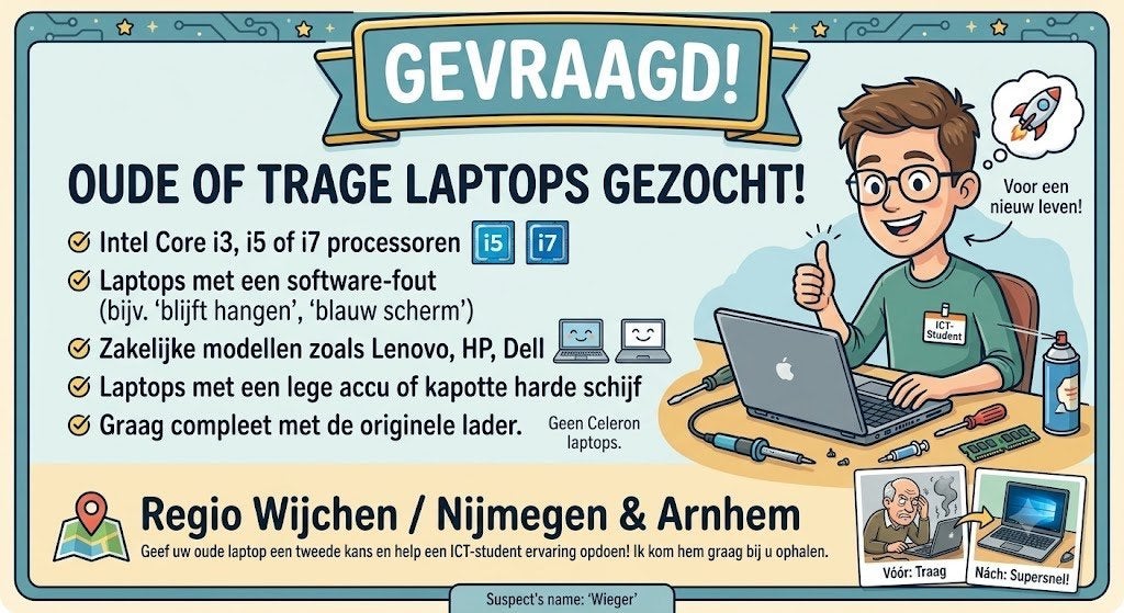Gevraagd: Oude of trage laptops gezocht (Regio Wijchen, Ophalen, 8 GB, Intel® Core™ i7 , 512 GB