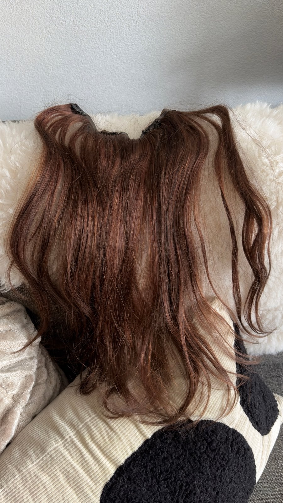Clip-in extensions van echt haar - middenbruin, Ophalen of Verzenden, Gebruikt, Pruik of Haarverlenging