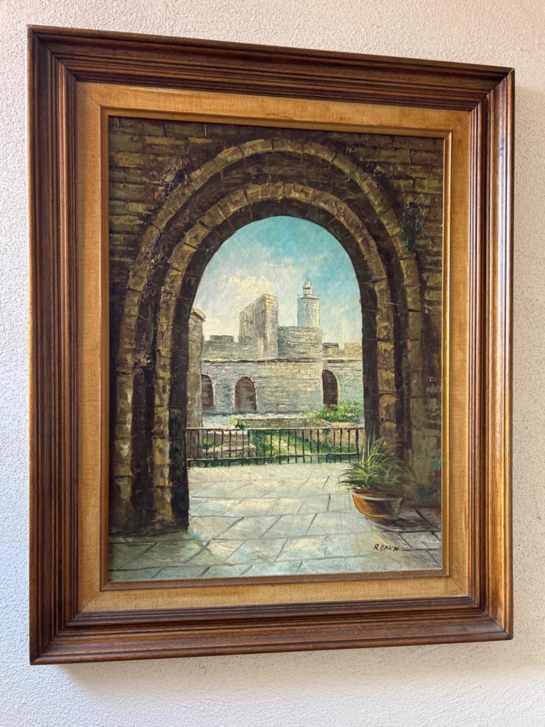 Schilderij 'Kasteelpoort' gesigneerd R. Baron, Antiek en Kunst, Ophalen of Verzenden