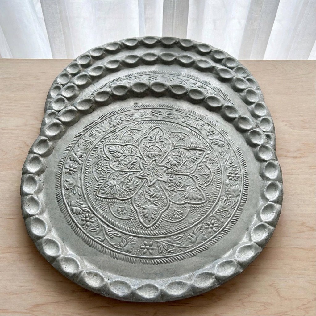 Vintage Dienblad Aluminium 46cm - Marokkaans Tafelblad, Gebruikt, Rond, Ophalen of Verzenden, Dienblad