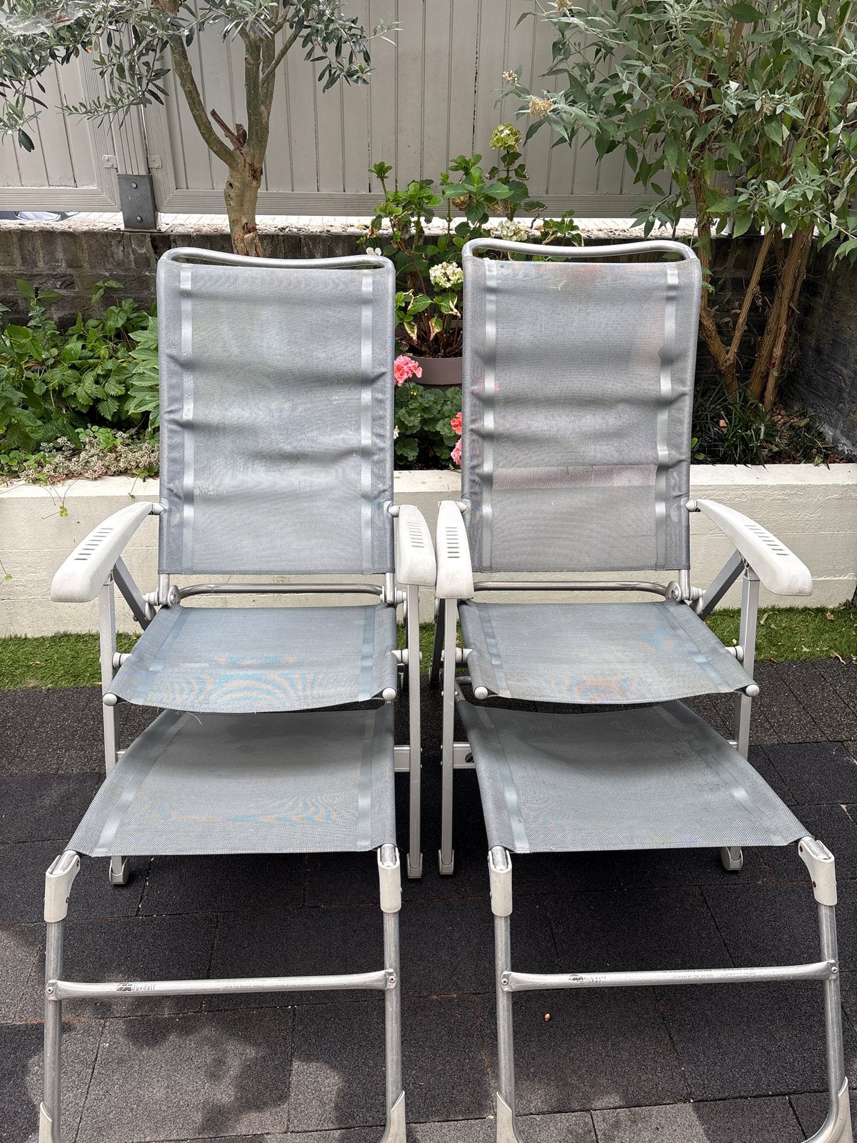 2 Dukdalf campingstoelen met voetenbankje, Ophalen, Gebruikt, Metaal, Verstelbaar