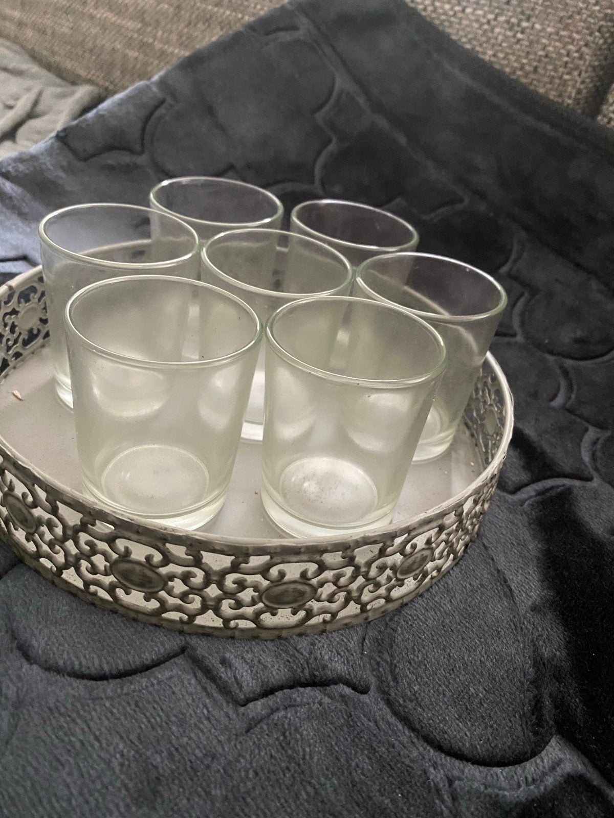 Set van 2 dienbladen met 7 theelichtglaasjes per stuk, Vintage, Nieuw, Ophalen of Verzenden, Metaal