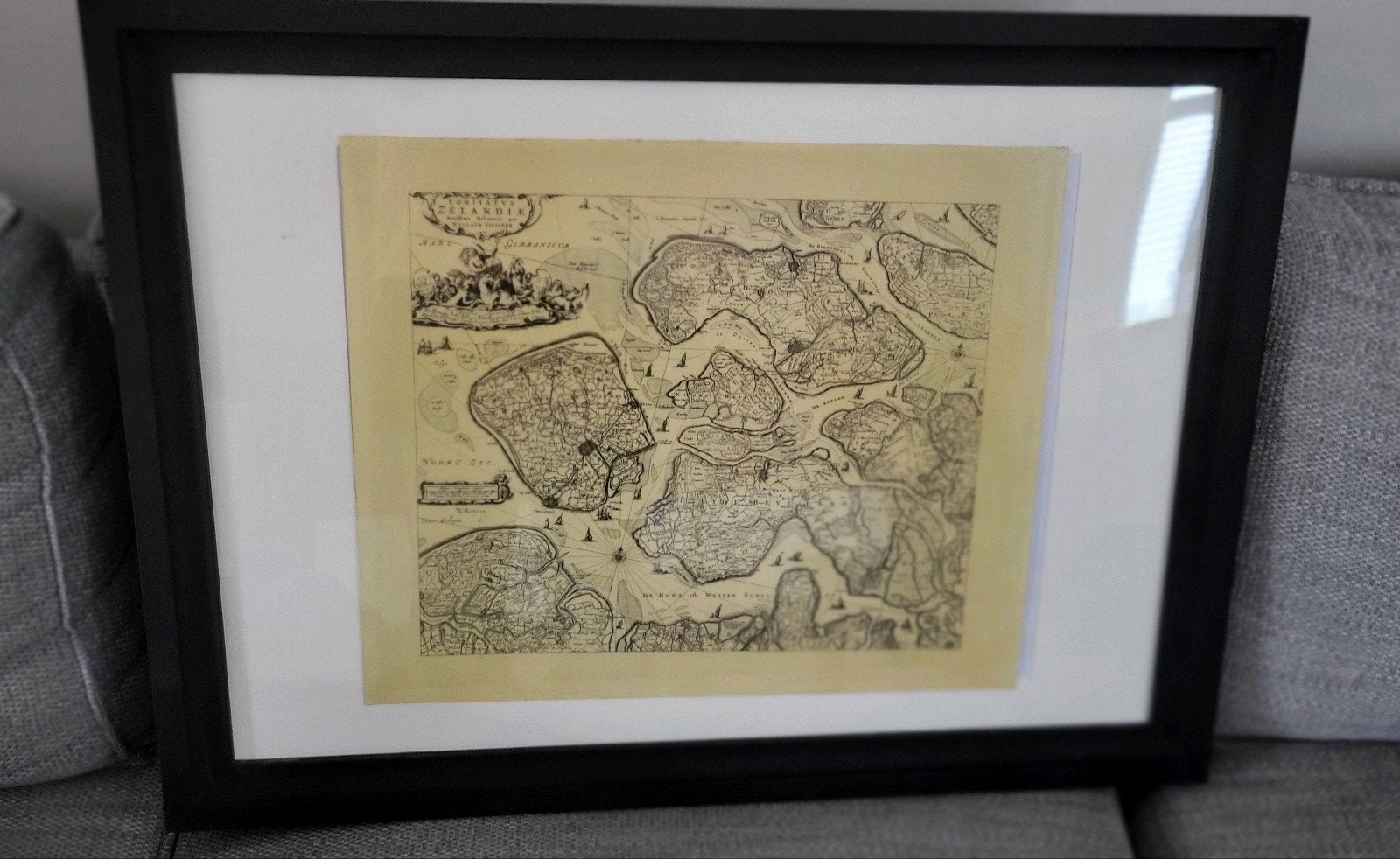 Antieke kaart van Zeeuwse eilanden, ingelijst, Ingelijst, Cartografie, Ophalen of Verzenden, Gravure