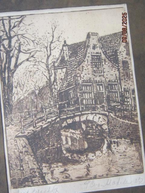 Mooie Ets "Oud grachtje "", Delft? Signering Van Makelen ??, Antiek en Kunst, Kunst | Etsen en Gravures, Ophalen