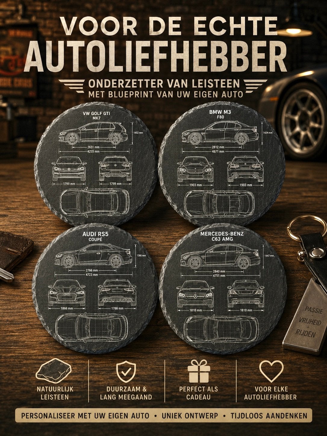 BMW, Audi, VW, Dodge blueprint onderzetters leisteen., Verzenden, Steen/keramiek, Glasonderzetter, Waterdicht