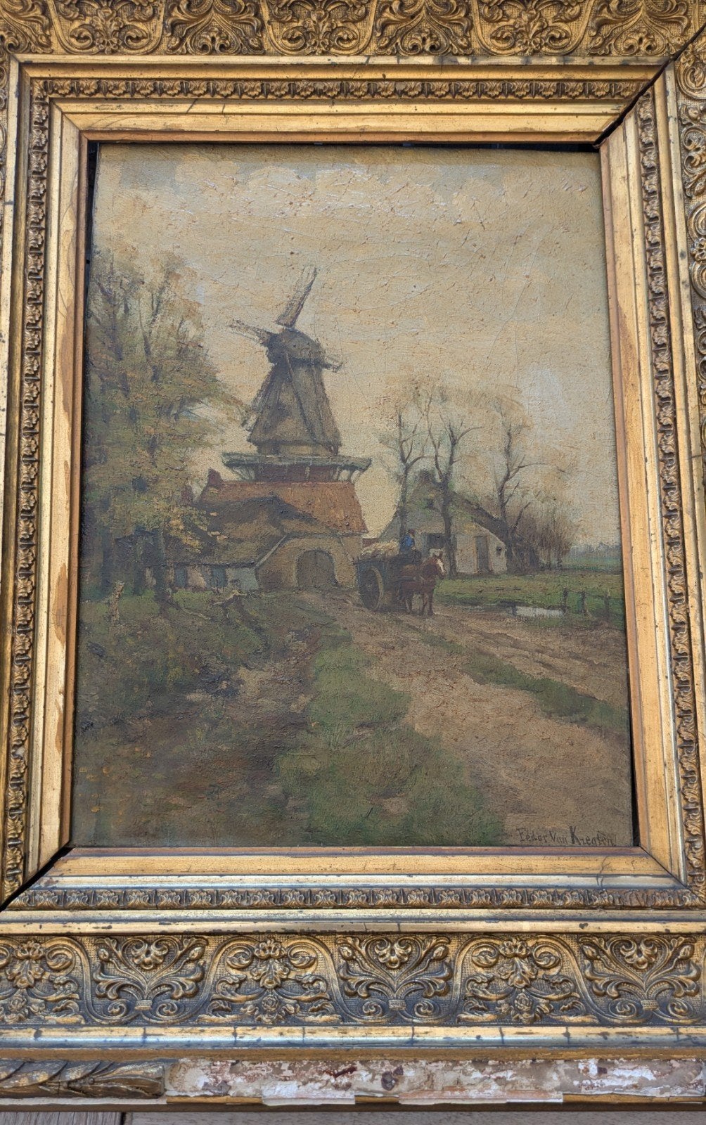 Schilderij van Fedor van Kregten - Molenlandschap, Ophalen, Nederlandse school, Doek, Origineel werk