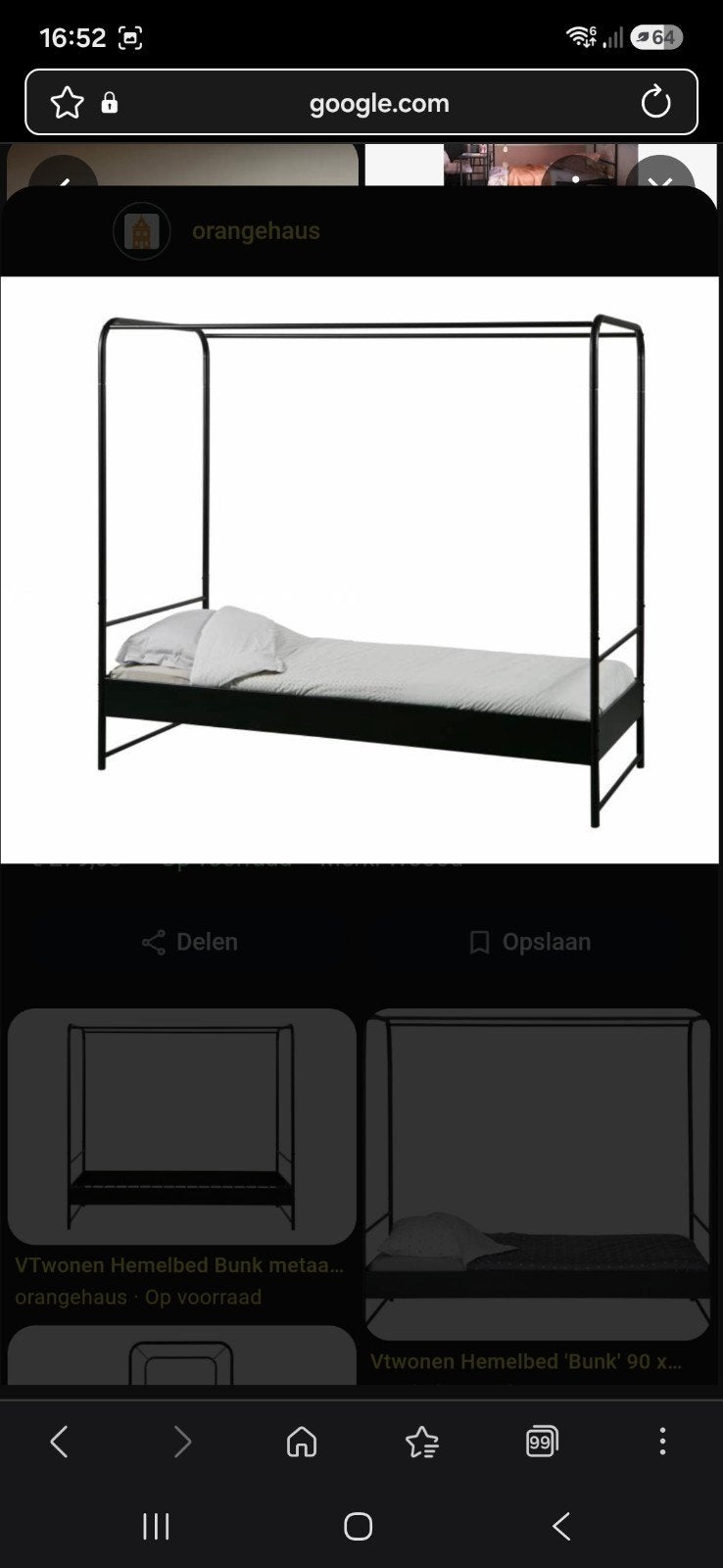 VTwonen Hemelbed Bunk metaal zwart 90x200 cm, Huis en Inrichting, Ophalen, 90 cm, Eenpersoons, Modern, Industrieel